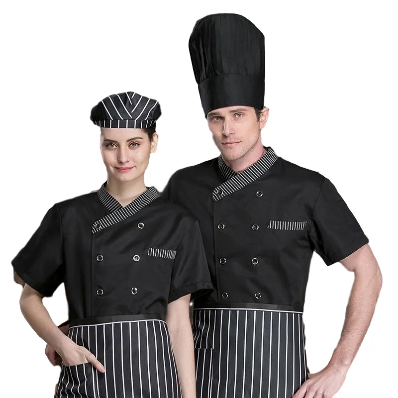 Wholesale Fashion design 65% poly 35% cotton chef coat uniform double breasted cook clothing black chef jack customet custom