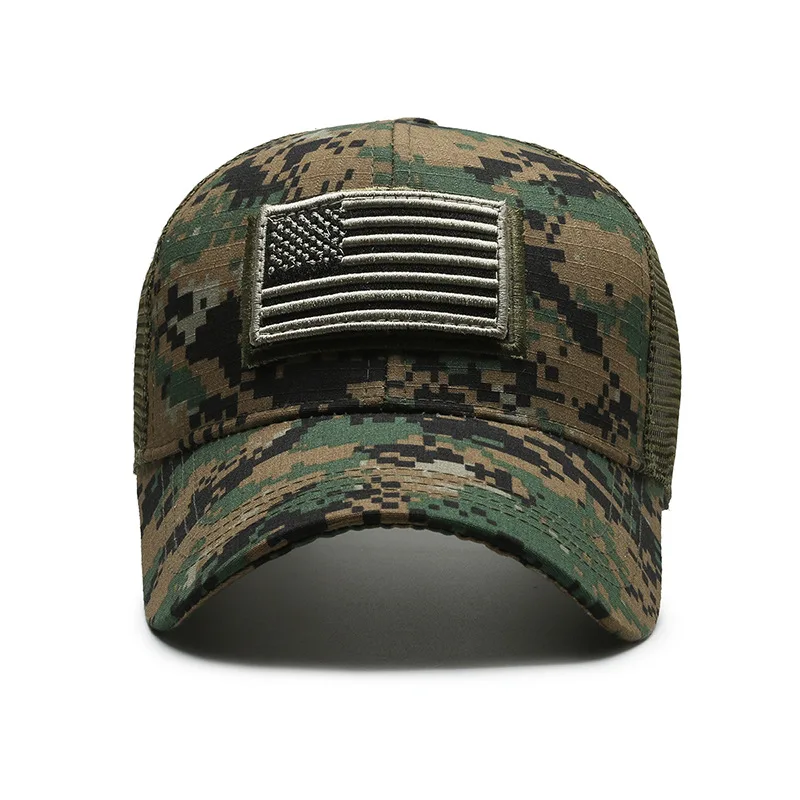 Custom High Quality 6 Panel Flag Removable Hook and Loop Adult Fitted Unstructured Embroidery Patch Trucker Camo Tactical Hats