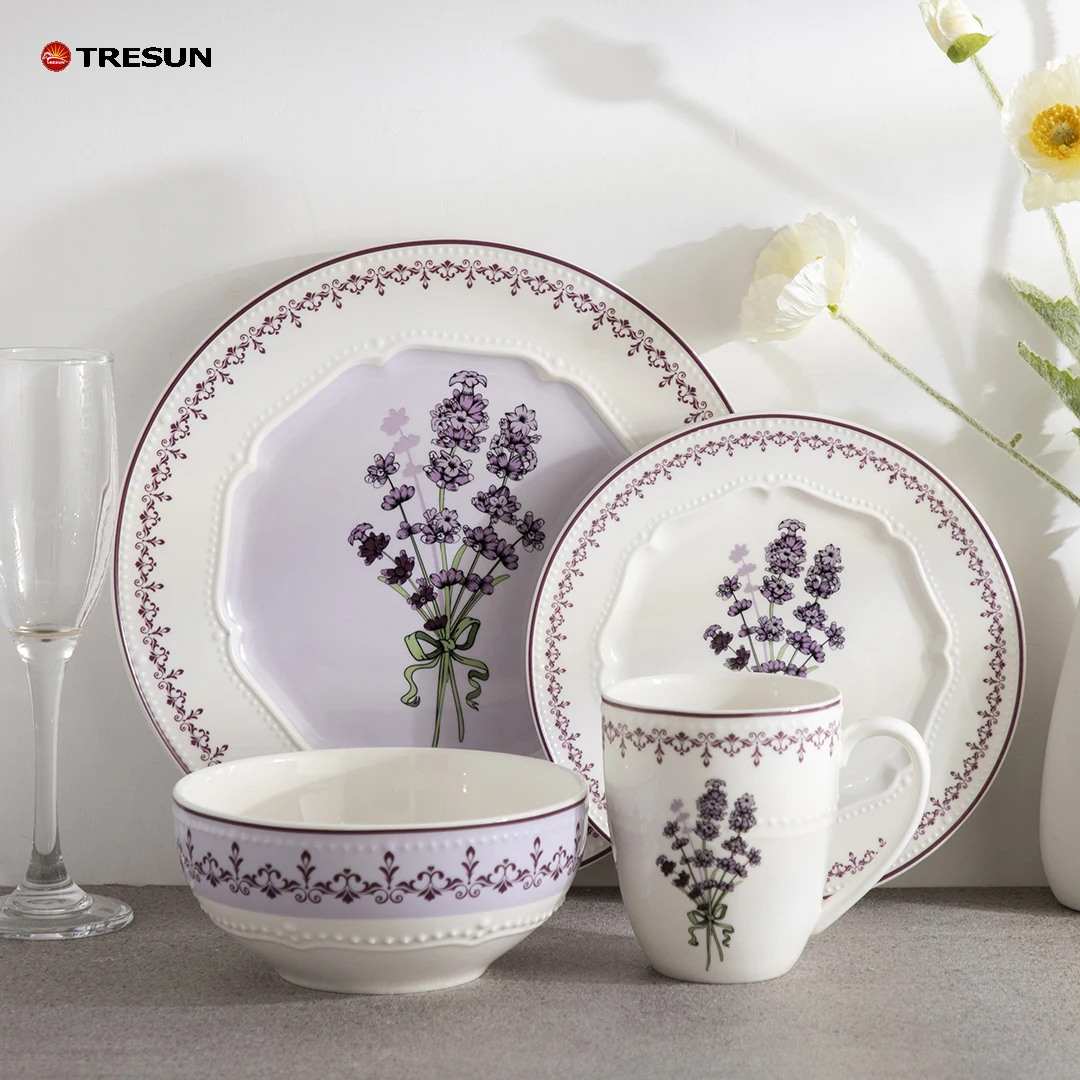 elegant vaisselle wedding embossed purple  floral lavender design decal ceramic porcelain dinner dinnerware set service for 4