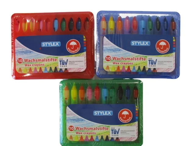 10 crayons (waterproof) with twisting tube in reclosable hardplastic box