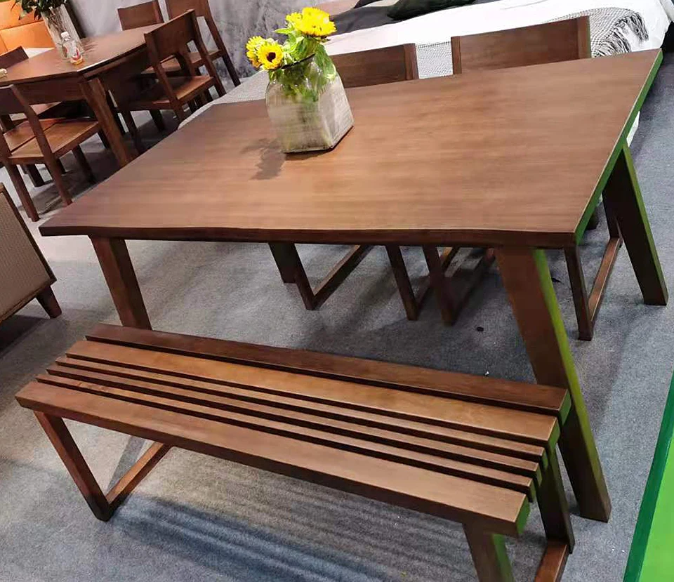 Solid Wood Rectangular Curved live Edge Dining Table With 6 Wooden Chairs 7 Pieces of Set Walnut Color Simple Dining Room Set