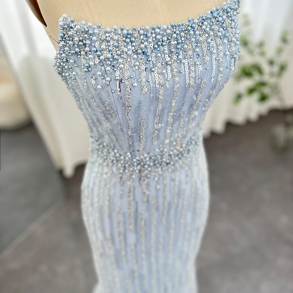 Jancember Light Blue Pearls Luxury Dubai Evening Dresses 2023 Elegant Strapless Arabic Women Wedding Party Formal Gowns Scz139