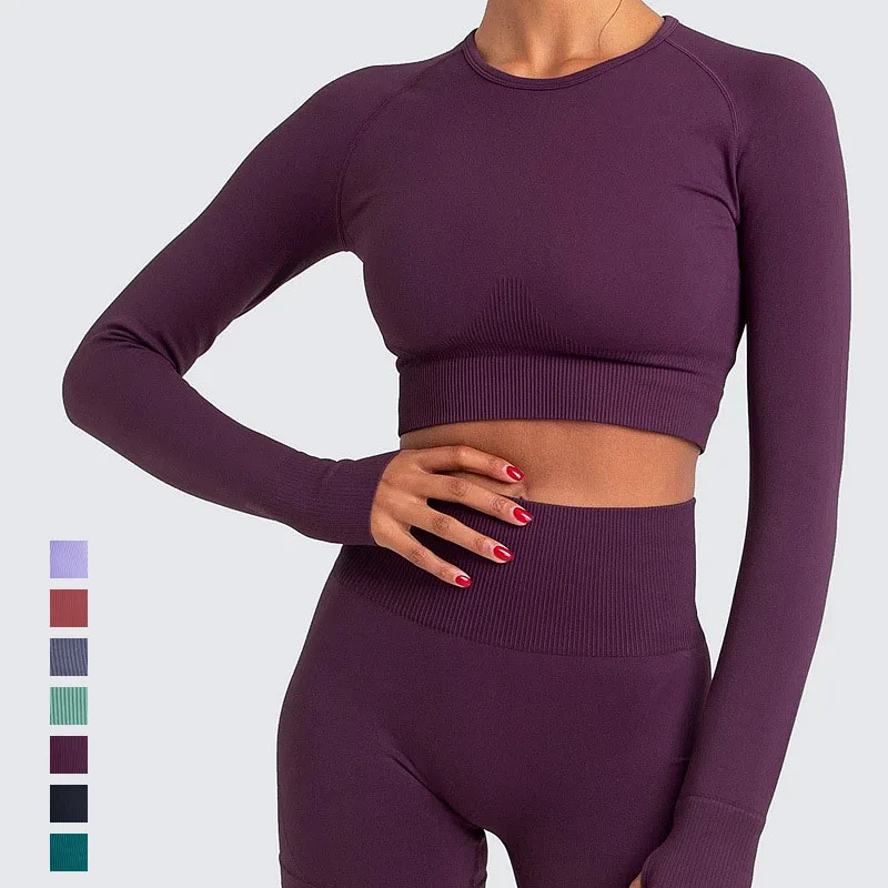 
2021 Woman Crop Top long sleeve Ribbed Set High Quality Long Leggings Seamless Yoga Suit  (1600139552880)