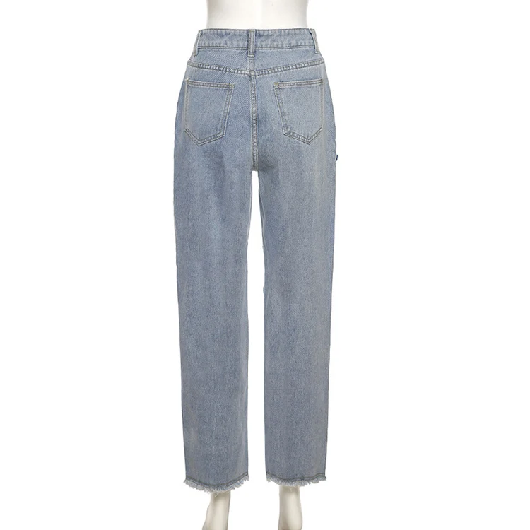 Modern 2021 Fall Autumn Trending High Waist Women Fashion Quality Trousers Streetwear Hollow Out Heart Print Denim