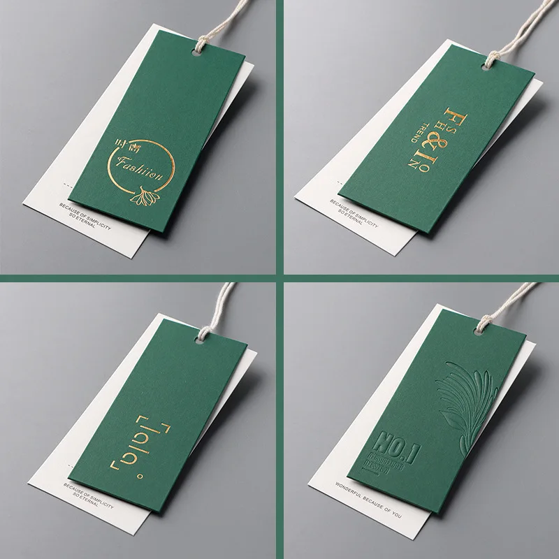 Luxury custom logo clothing hang tag green special paper embossed hot stamping hang tags recyclable swing hangtags custom