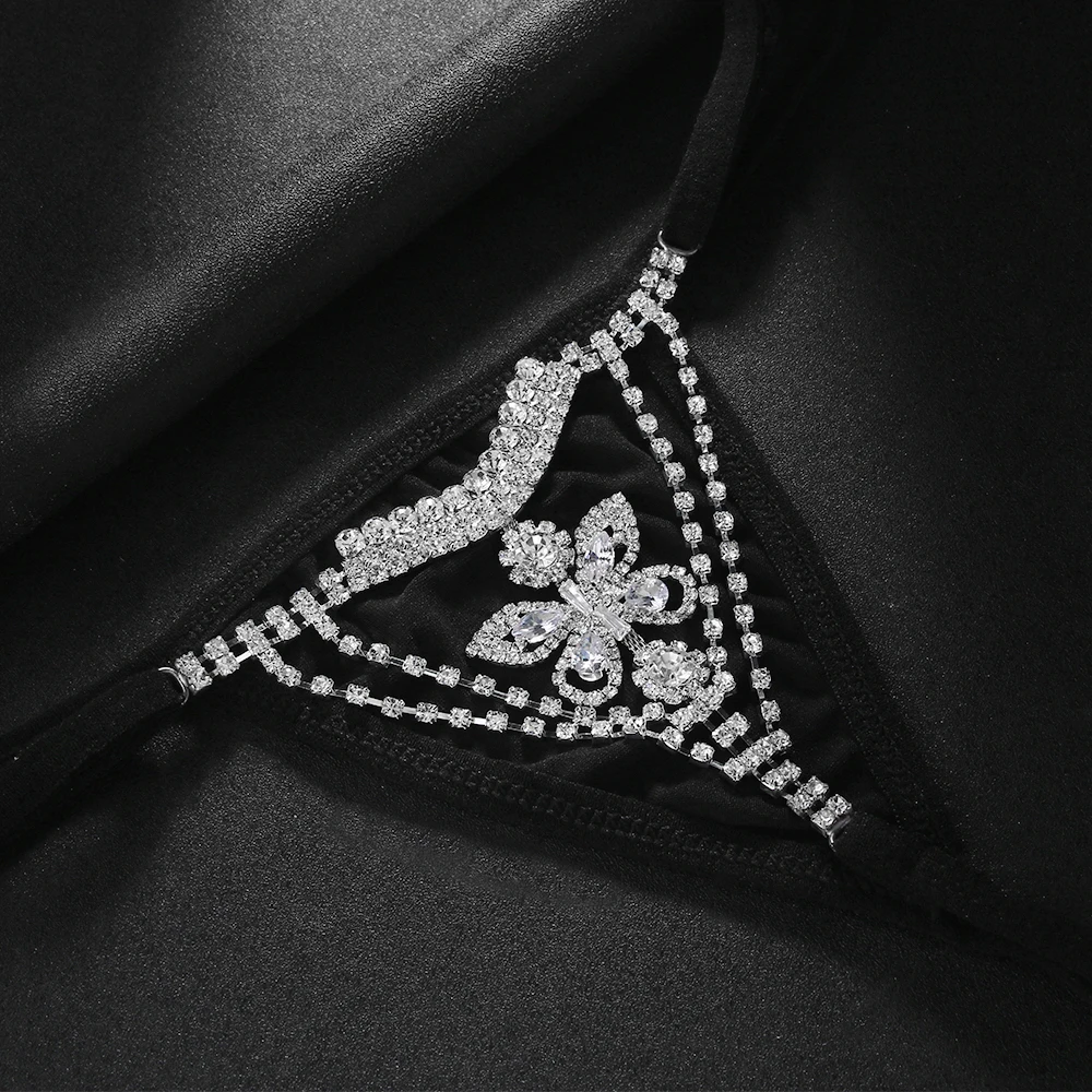 Sexy Bling Butterfly Panties Thong Rhinestone Women Jewelry Bikini Party Crystal Black Underwear Body Chain Wholesale