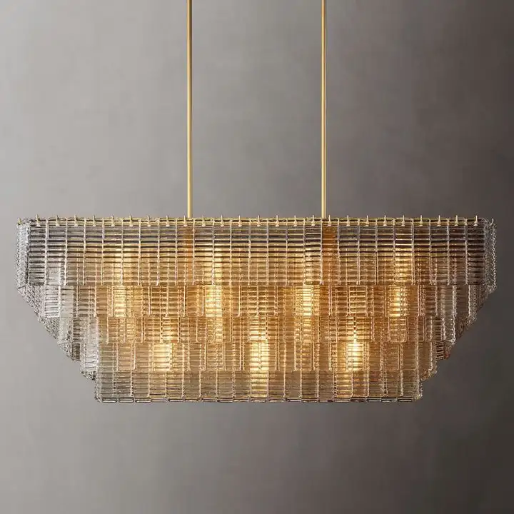 Modern Living Room Rectangular Clear Glass Chandelier High Ceilings Staircase Large Pendant Lights for Entryway Lobby Foyer