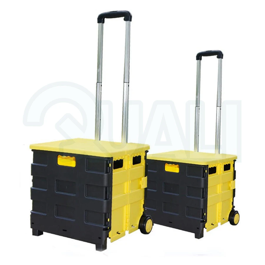 Quali New Handcart Shopping Trolley Wheel Box with Lid Collapsible plastic picnic camping basket