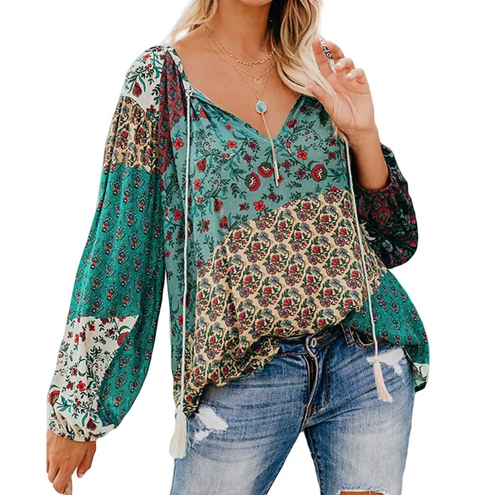 
Women Blouses Casual Loose Floral Print V Neck Long Sleeve Shirts Blouses Lady Tops 