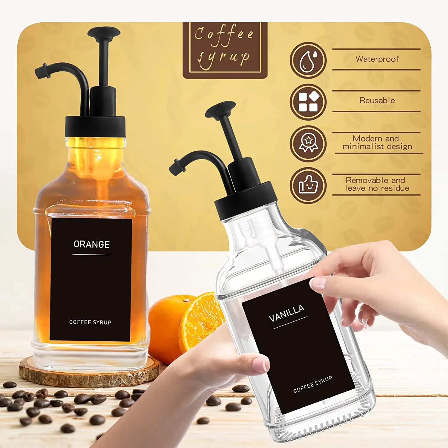Wholesale Food Storage Coffee Syrup Dispenser Glass Bottle With Labels 2 Pack 16.9oz Square For Coffee Bar