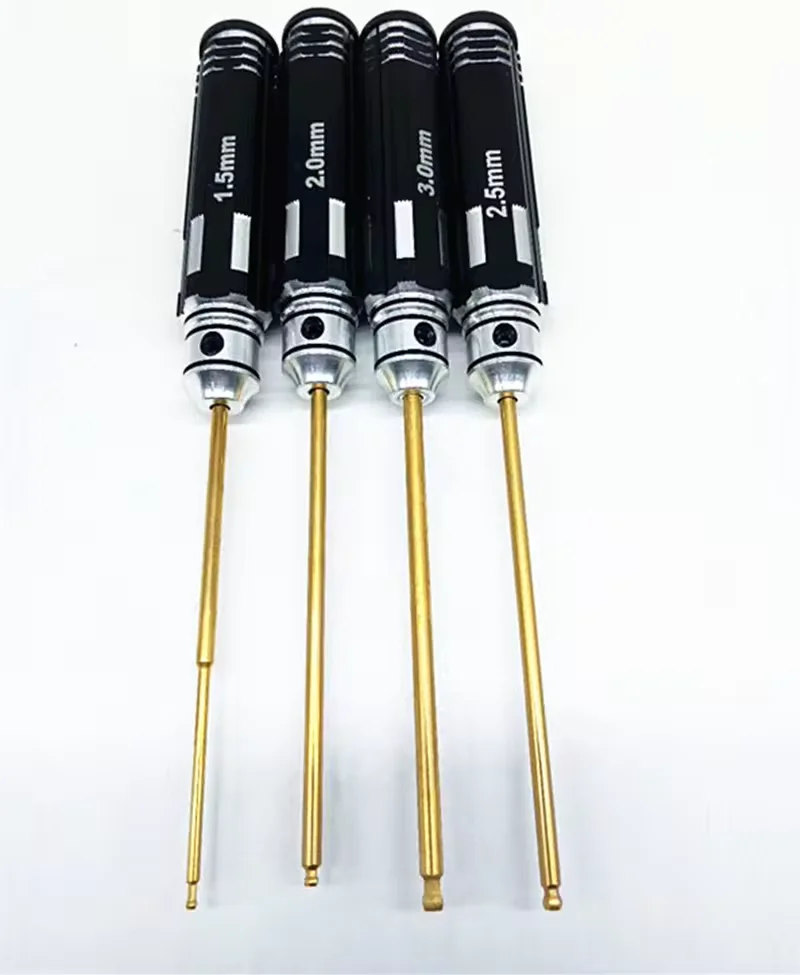 4 Pcs High Quality Titanium Coated Bit Set Ball Tip Screwdriver for RC Hobby Hex Screw Head Steel Handle Black Oxide Finish
