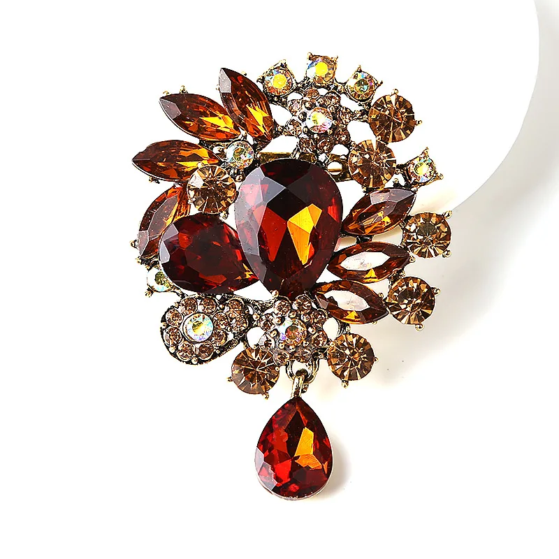 Custom Vintage Wedding Bride Big Blue Crystal Drop Colorful Flower Rhinestone Teardrop Brooch for Woman