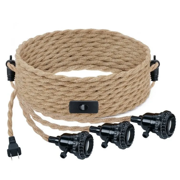 Farmhouse Hanging Lights with Plug in Cord 6.8M Hemp Rope Hanging Light Cord Kit with On/Off Switch Plug in Pendant Light Cord