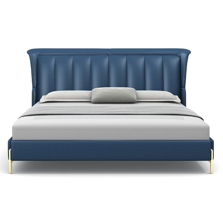 Big Headboard Modern Double Bed Genuine Leather Beds Frame Modern Italian Leather Luxury Double King Size Bed