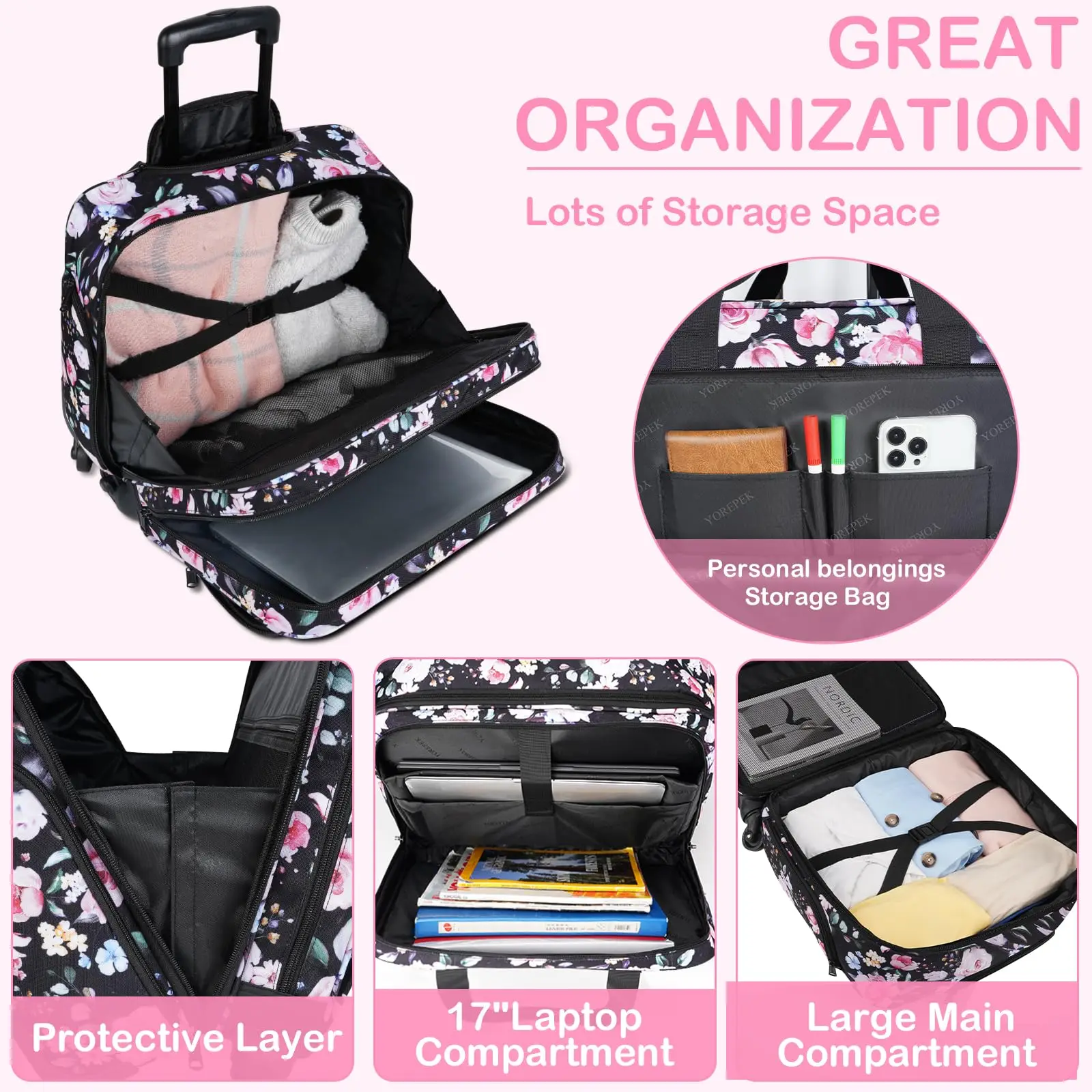 Rolling Briefcase with Spinner Wheels Overnight Roller Carry on Computer Case for Travel Rolling Laptop Bag Women
