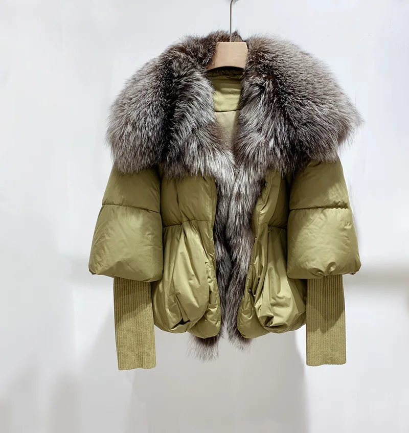 New Arrivals Puffer Bubble Goose Down Coat Women With Detachable Natural Silver Fox Fur Collar Thick and Warm Parka Women