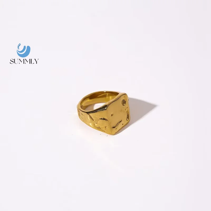 SUMMLY Irregular tin foil pattern crater ring ladies vintage titanium steel 18k gold plated ring accessories