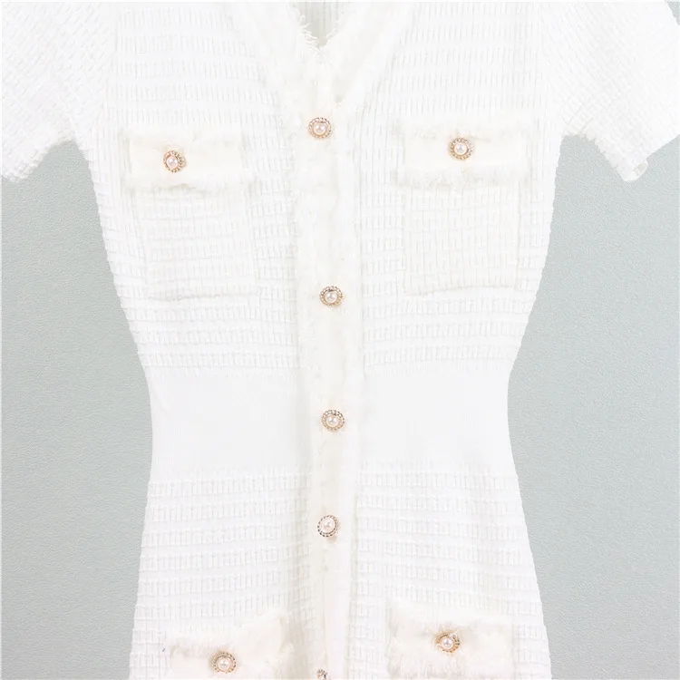 Knitted Short Sleeved Knitwear Ladies Bodycon Outfit Buttoned Sweater Dress for Women V-neck Mid Length Womens Long Skirt