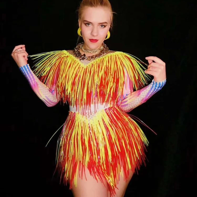 
Colorful Fringes Rhinestone Bodysuit Women Stage Dance Costume Nightclub Dance Female Singer Show Bright Leotard Dj Dance 