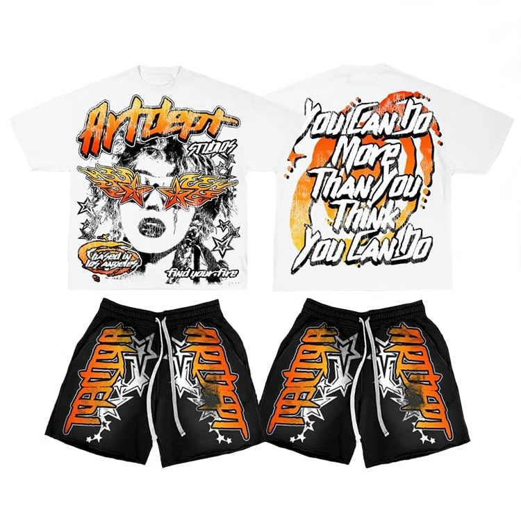 Custom All Over Print Streetwear Graphic Boxy Fit Cropped T Shirt Men And Two Piece Set Mens Short Set