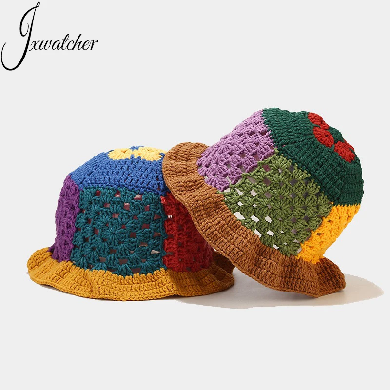 Fisherman Cap Round Brim Soft Summer Foldable Floral Custom Handmade Hollow Flower Floppy Women Wool Knitted Crochet Bucket Hat