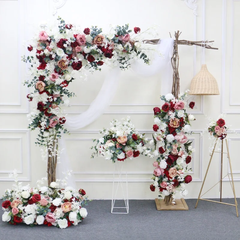Wedding Arch Decor Hang Corner Flower Colorful Rose Eucalyptus Artificial Flower Row Party Stage Backdrop Flowers