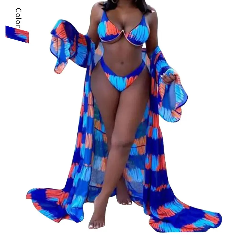 Tie Dye Print Bikini 2023 Women 3 Piece Custom Swimsuit Swimwear Cover Ups