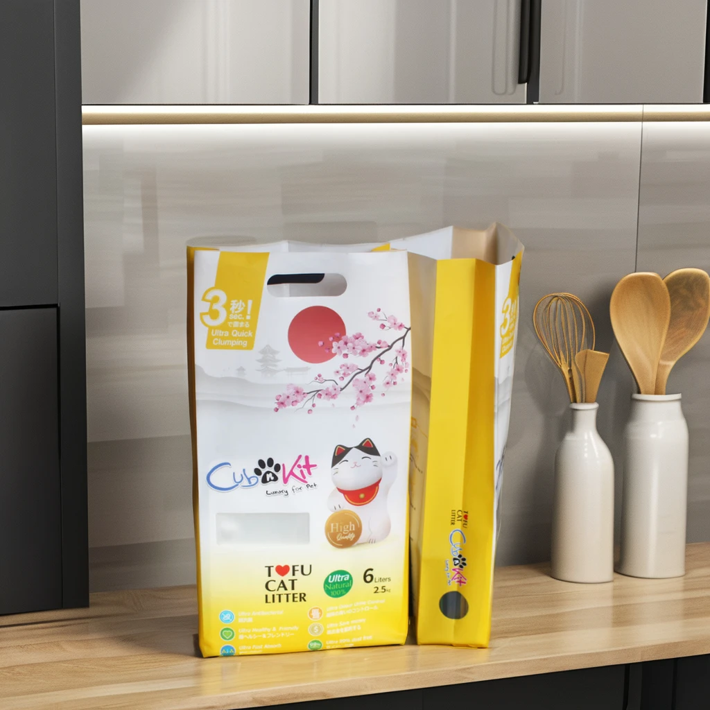 Custom print  5 L 7L  OEM/ODM  side gusset  stand up flat bottom tofu cat litter bag with handle
