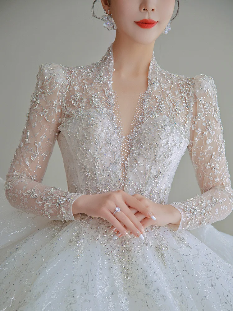 Long Sleeve Wedding Dress 2024 New Bride  French V-neck Court Princess Wedding Dress Bridal Gowns Chapel Train Wedding Dresses