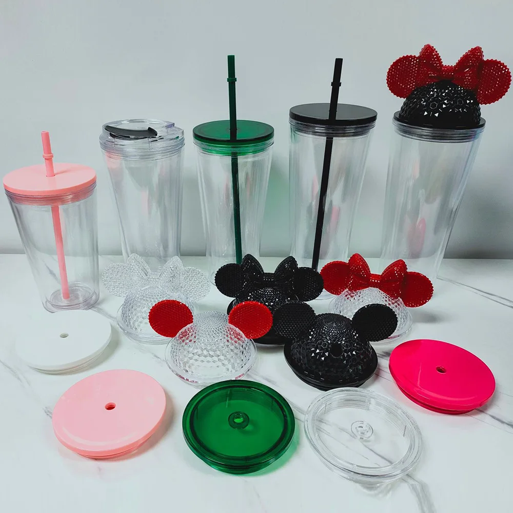 Wholesale double walled wine coffee 22oz 24oz 16oz clear plastic skinny snowglobe tumbler with lids and straws