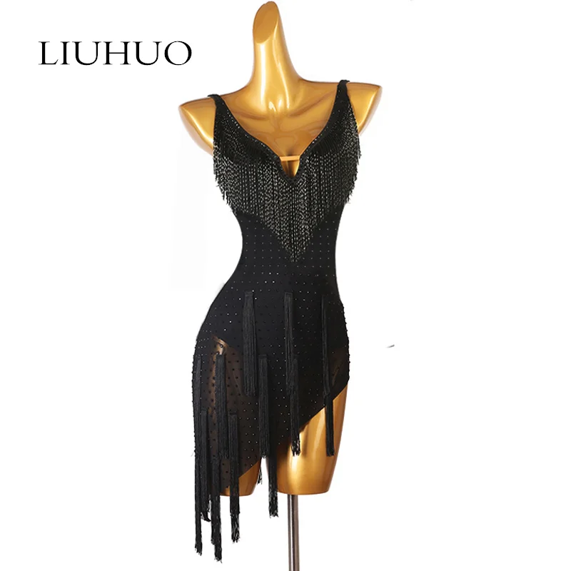 LUHUO Latin Dance Performance Competition Dress Sexy V-neck Latin Samba Chacha Dance Tassel One-piece Skirt