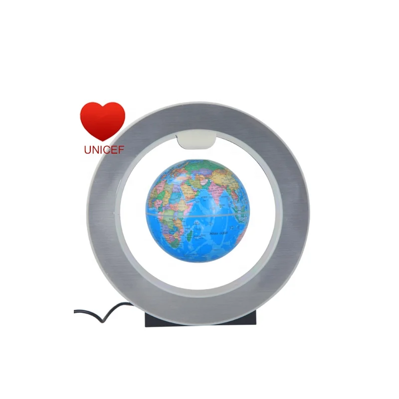 
High quality desktop decoration D.10.6cm magnet floating world globe plastic political map ball round LED circle shape base 
