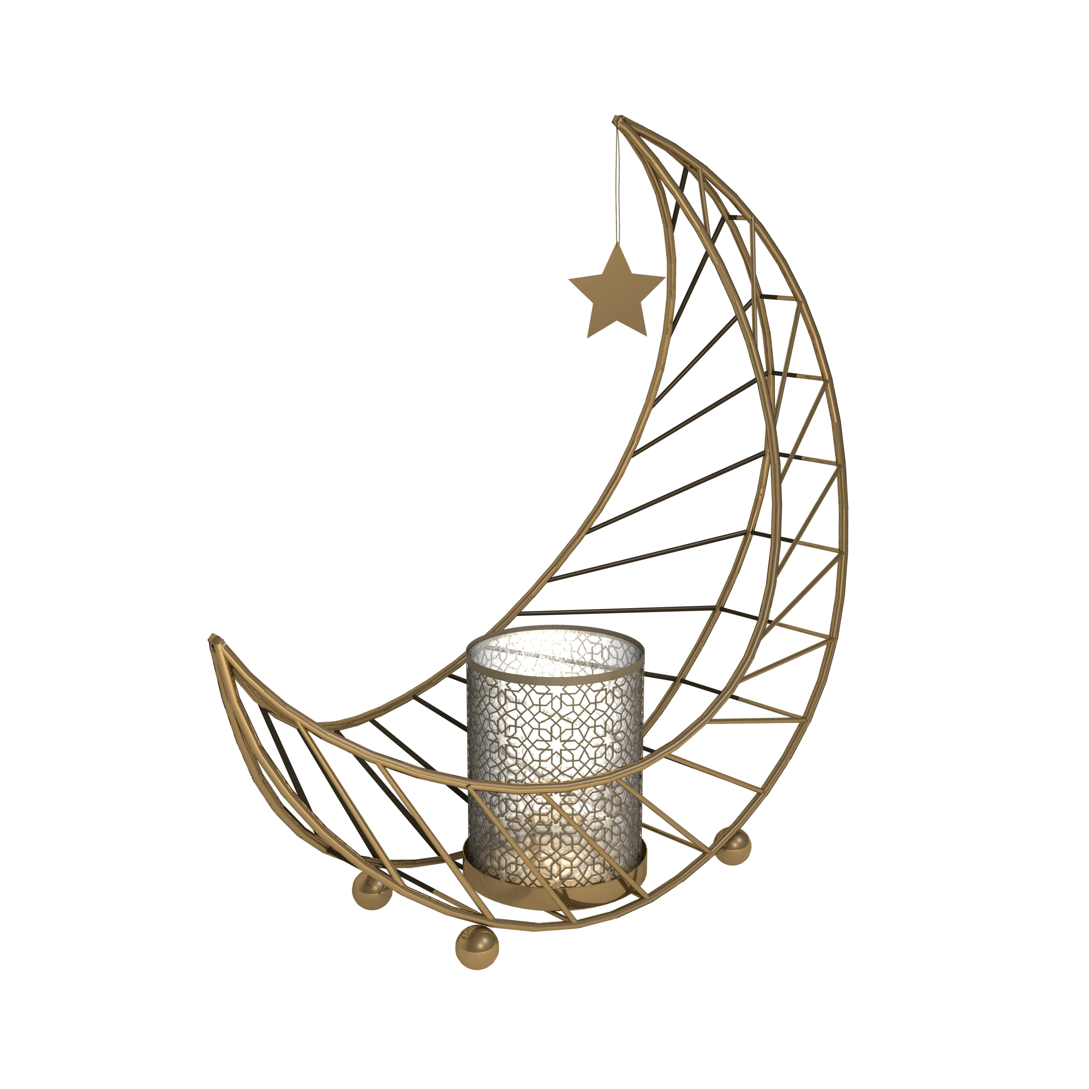 Ramadan Moon Shape with Hanging Star Gold Iron Candle Holder for Holiday Decor