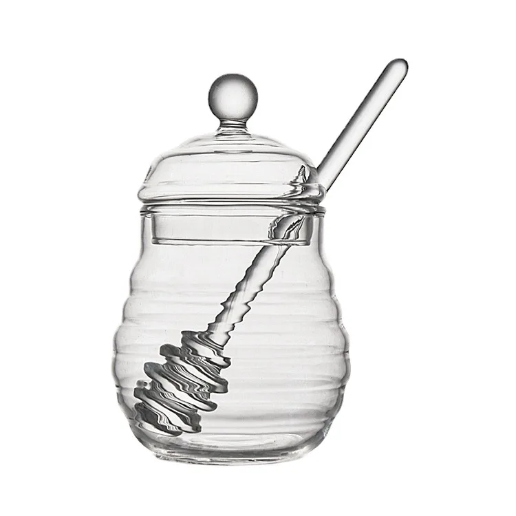 2022 New 3 honeybee Design clear Corrugated Glass Honey Pot Container Dispenser  HoneyJar with Dipper and Lid