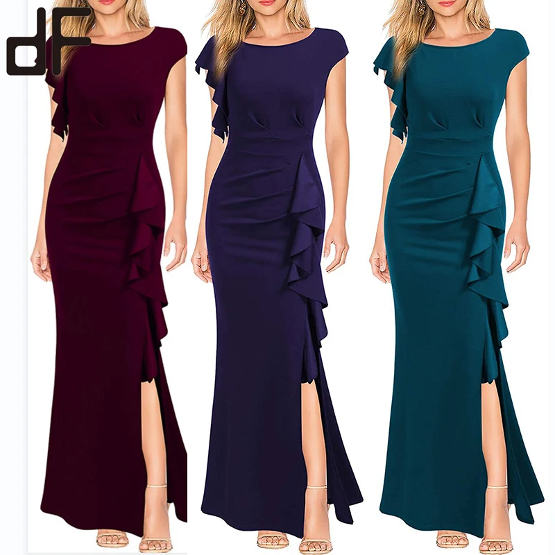 new summer elegant women 2022 maxi dress ladies casual high waist solid bridesmaid dresses split luxury dinner evening dresses