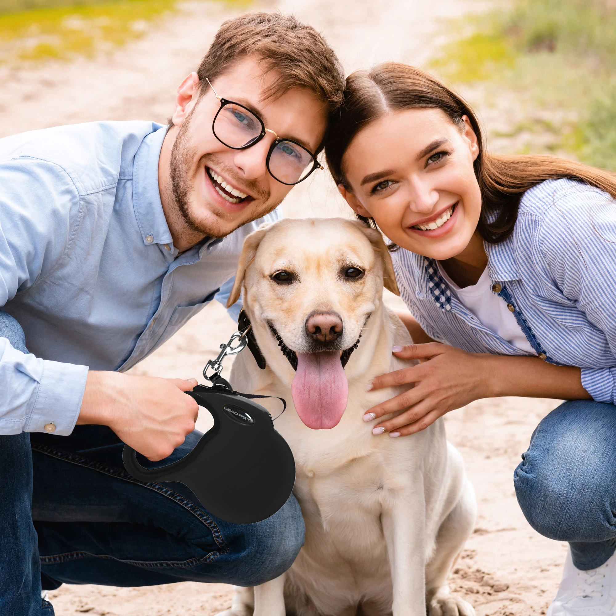 LEAD PET Retractable Dog Leash Anti-Slip Handle 16 ft Strong Nylon Reflective Tape One Handed Brake and Lock with Futuro Collar