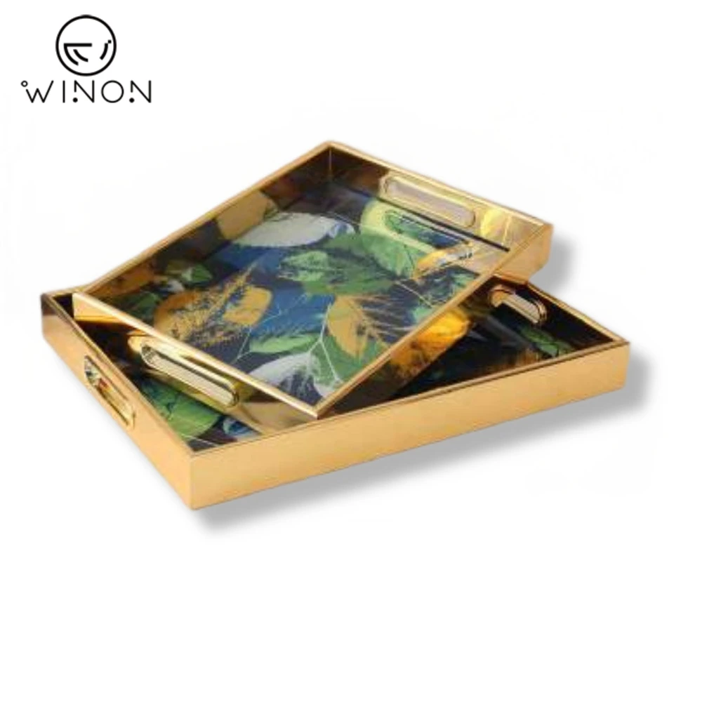 Crazy price MDF With UV Mirror Rectangle Sharp Display Serving Tray 2pcs Set With Handle For Jewelry  and Cosmetics