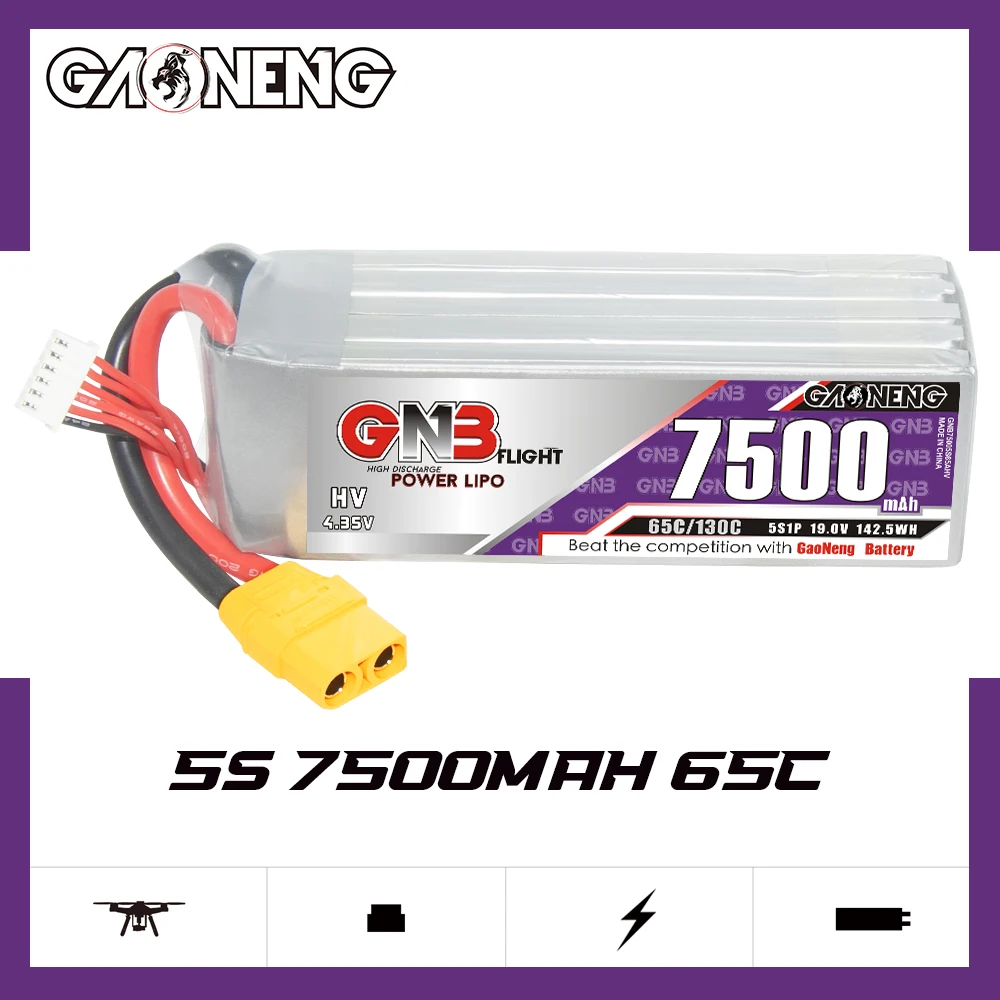 GNB GAONENG LiHV 7500mAh 5S 19V 65C 130C XT90 RC LiPo Battery RC Car Drone Airplane MultiCopter Boat Off Load on Load