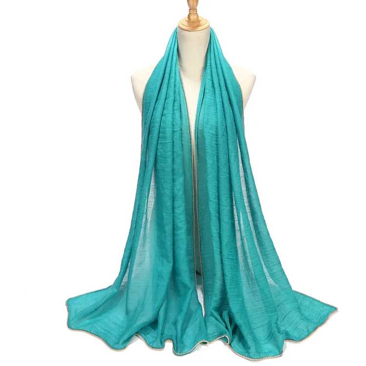 New Solid Hijab Scarf Gold Beads Muslim Cotton Scarves Chain Plain Wraps Shawls Maxi Fashion Headband Long Scarves