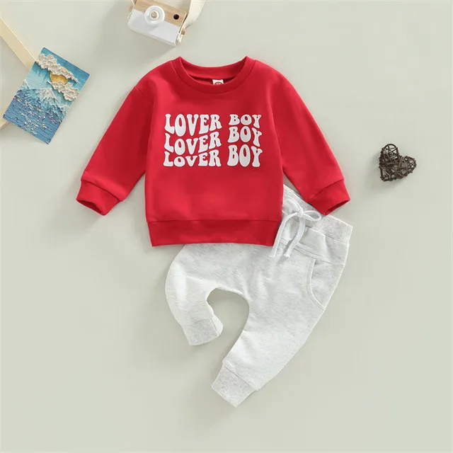 1Pcs Custom Logo RTS Spring Autumn Newborn Infant Toddler Clothes Cotton Top Pants LOVER BOY Baby Boys Two Pieces Set