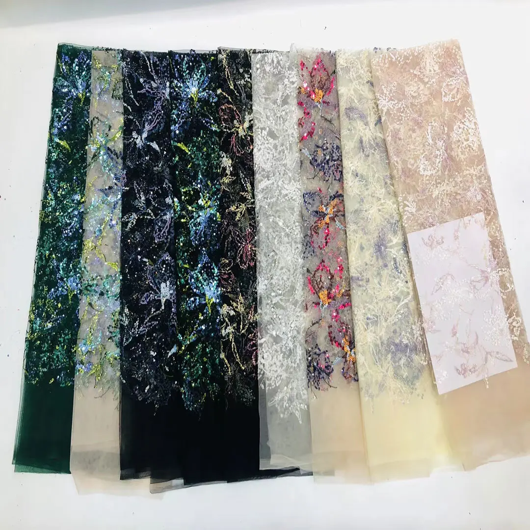 Colorful 3d embroidered fabric sequin rainbow fabric indian fabric for dress