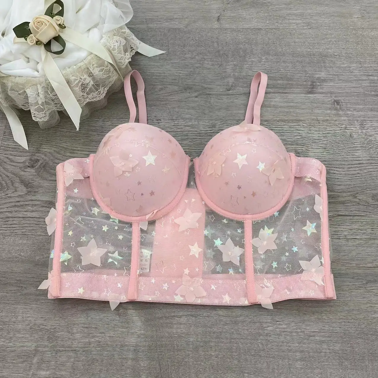 Star Three-dimensional Bing Bing Print French Floral Summer Mesh Corset Top Sequined Sexy Tops For Women Standard Bustiers