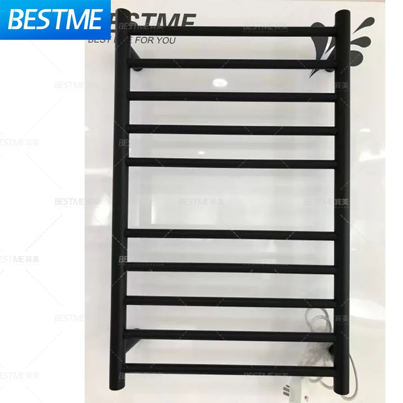 Freestanding Wall Mounted Bath Towel Heater Plug-in Round 8 Bars Black Drying Rack Stainless Steel Electric Heated Towel Rack