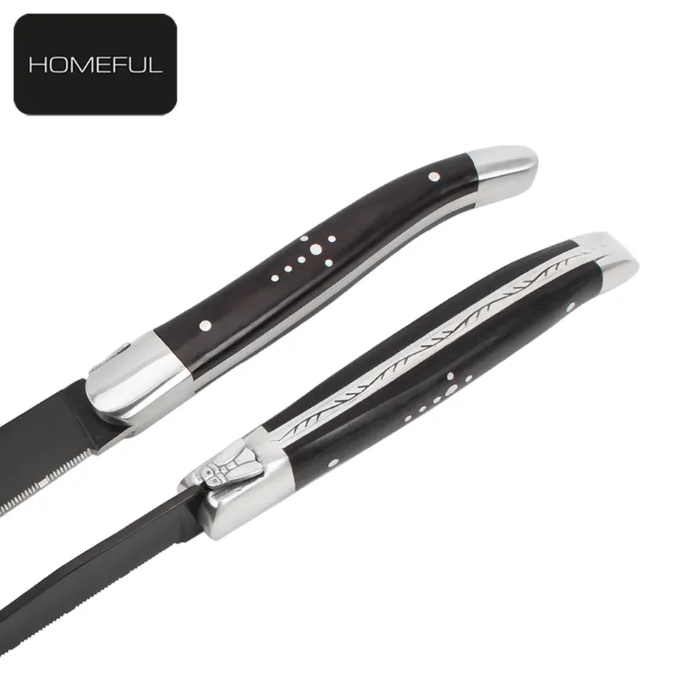 New collection black coating blade laguiole steak knife with forged pakka wood handle