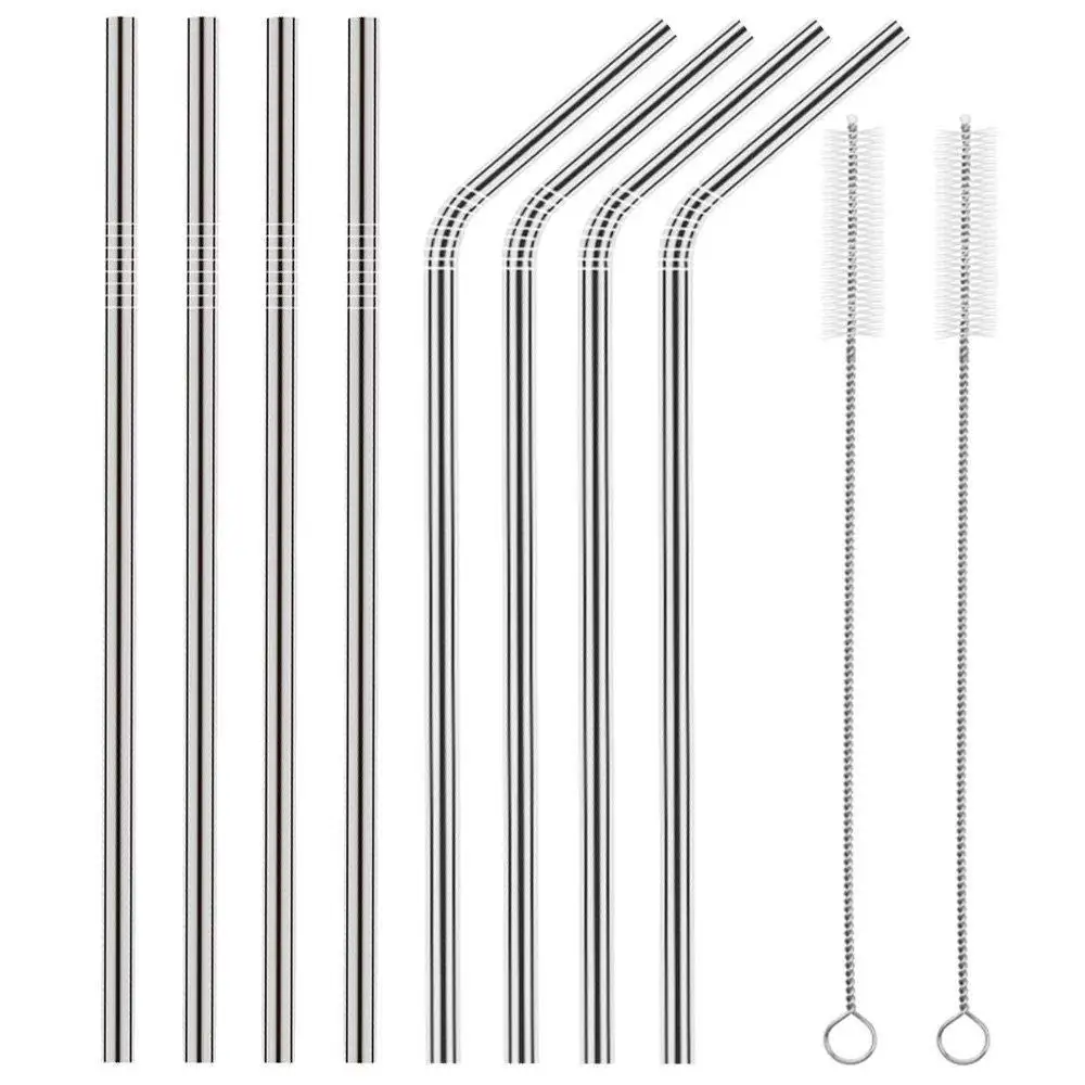 Stainless Steel Metal Straws Straight Curved with 2 Cleaning Brush Reusable Drinking Straw Set For 30oz / 20oz-
