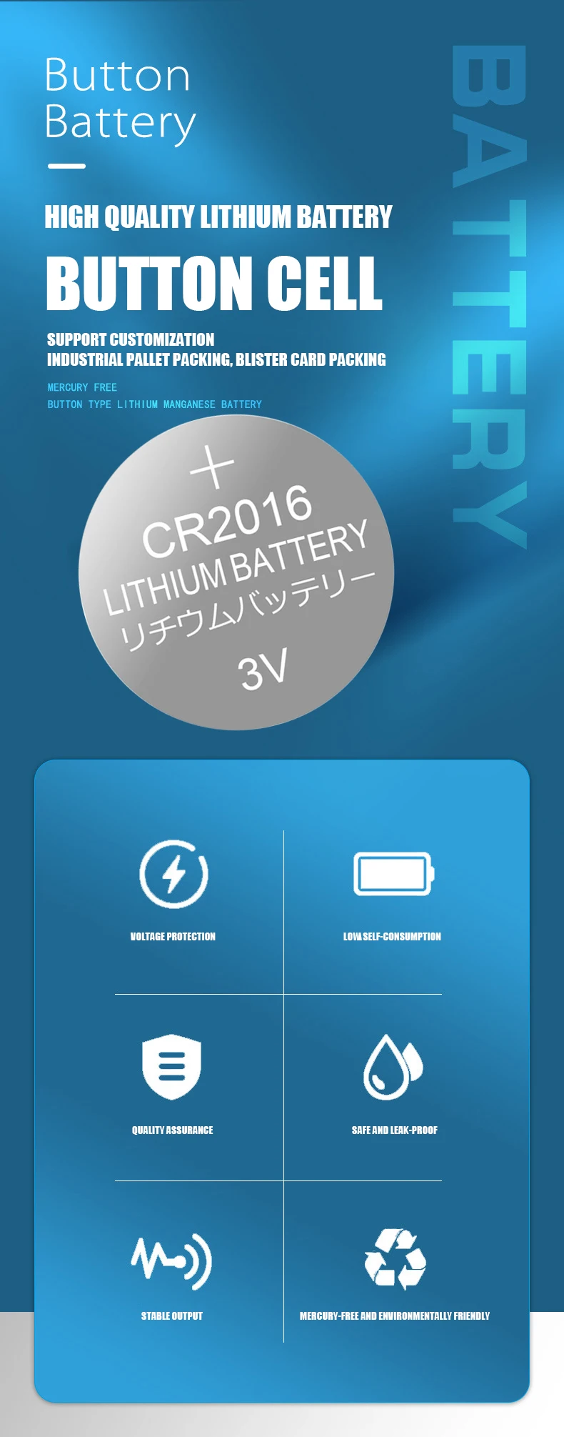 2024 Best Selling 3V Pila CR 2016 80mah Lithium Limno2 Coin CE Certified Button Cell Battery CR2016 For Watch