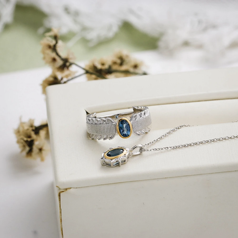 925 стерлингового серебра 14K позолоченный драгоценный камень гранулы листья лепестки Лондонский синий топаз ожерелье