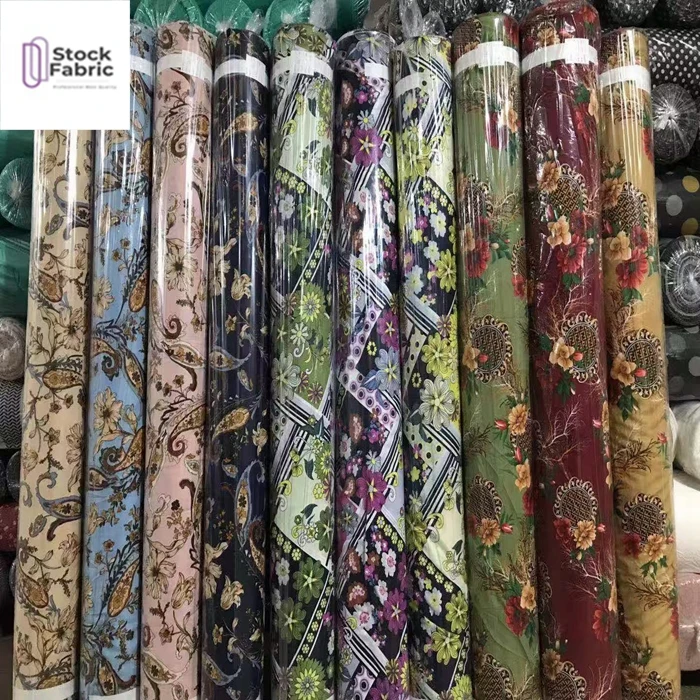 Reliable quality woven stock lot 100% polyester moss crepe print fabric for garment