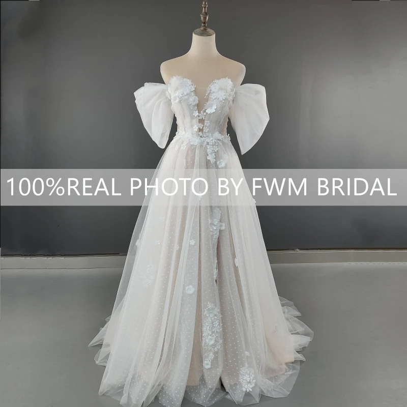 4562 # реальные фотографии 3D Цветочные открытые плечи V-образный вырез А-силуэт свадебное платье со шлейфом Свадебное с высоким разрезом низкая спина кружева в