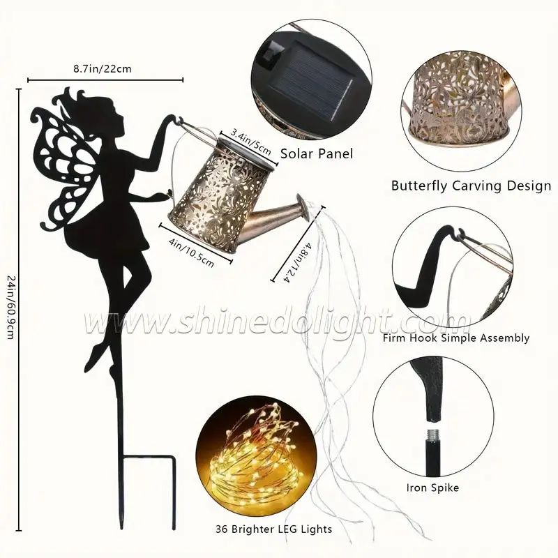 Solar Garden Light Watering Can Sprinkles Fairy Lamp Hanging Kettle Metal Retro Courtyard Decor Waterproof Shower Lawn Light